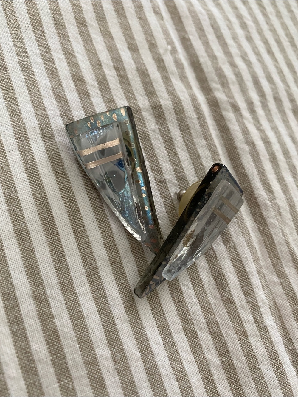 Vintage Handmade Iridescent Glass Drop Earrings in Gray-Blue Silver